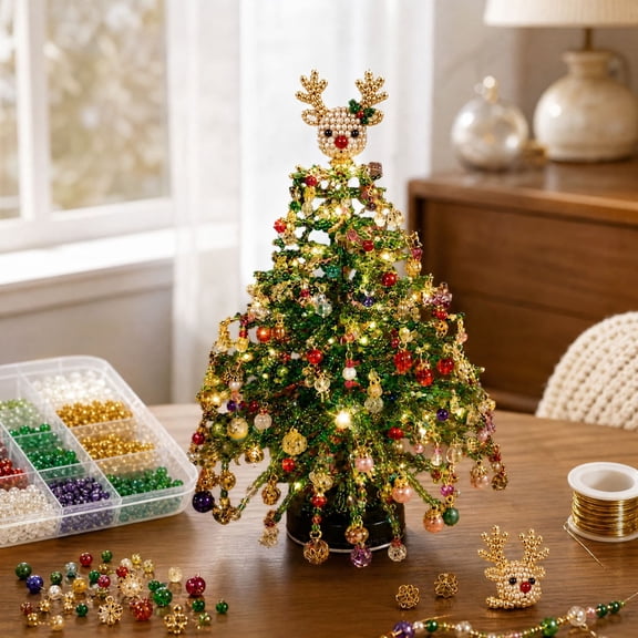 LIORAGLJ DIY Beaded Christmas Tree Kit Reindeer/Santa/Cross 3 Styles Tabletop Craft Decor
