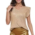 thumbnail image 2 of TARIENDY Womens Sequin Shirts Elegant Ruffled Short Sleeve Party Tops Fashion Sparkly Glitter Shirt Loose Fit V Neck Tunic Tops Gold M, 2 of 8