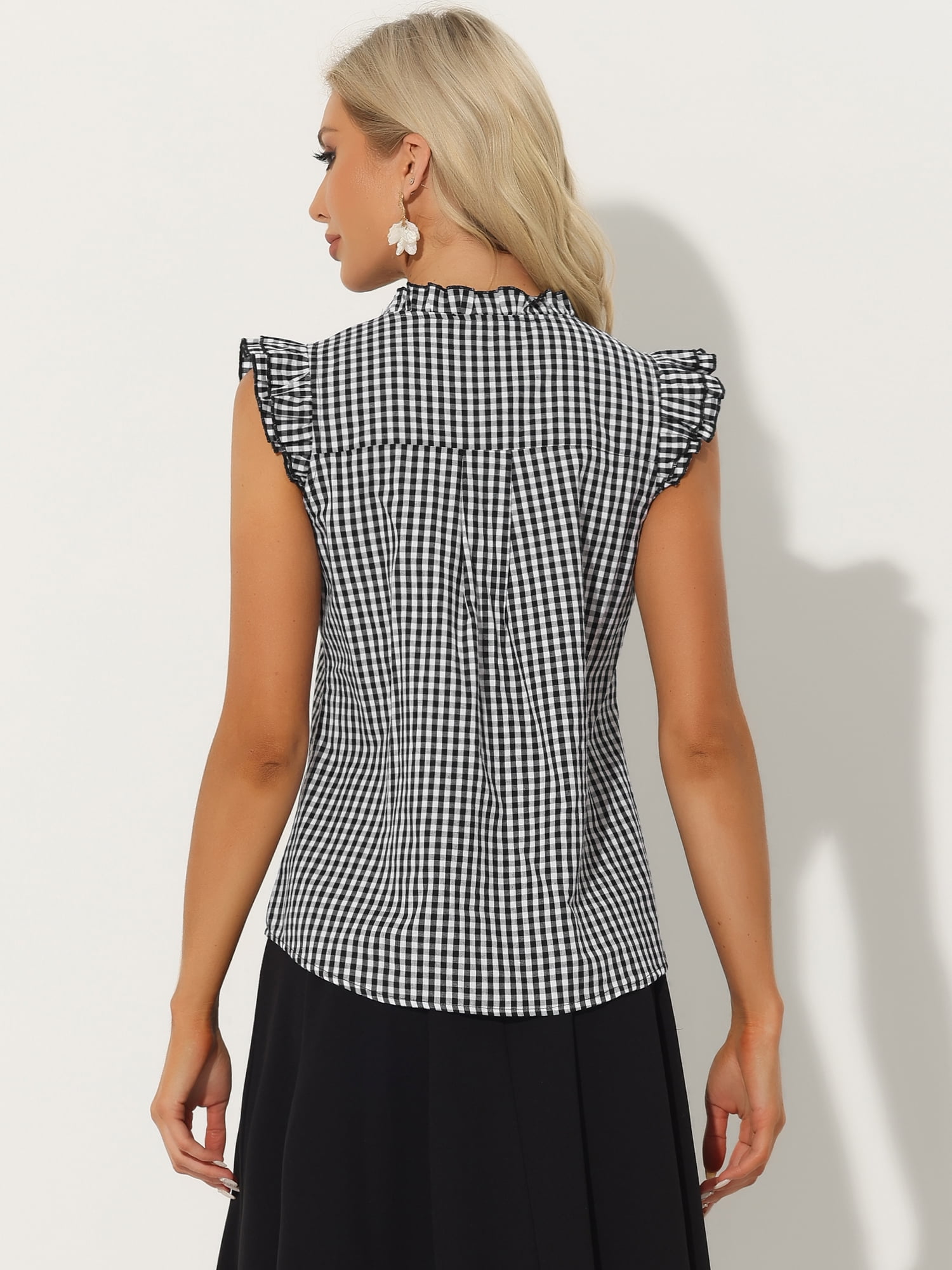 DARING DIVA Women's Cap Sleeve Plaid Gingham Ruffle Blouse M Black
