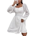 thumbnail image 3 of SAYOO Vestido de primavera para mujer, vestido de cintura alta fruncido con cuello cuadrado liso de manga larga, trajes hasta la rodilla con lazo en la cintura para mujer SAYOO  moda, 3 of 6