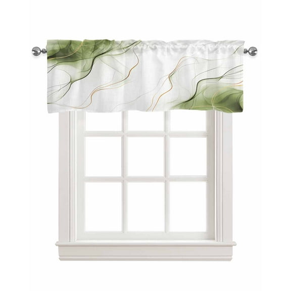 Marble Sage Green Kitchen Valances for Windows Farmhouse Linen Window Valance Curtain for Living Room Window Treatment Gold White Modern Gradient Ocean Wavy Valance Rod Pocket Topper, 42 x 12 Inch