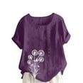 thumbnail image 2 of iHengLiXing Plus Size Womens Tops Dressy Casual Women Casual And Linen Round-Neck Top Printed Short Sleeve Button T-shirt Blouse Purple XXXXL, 2 of 4