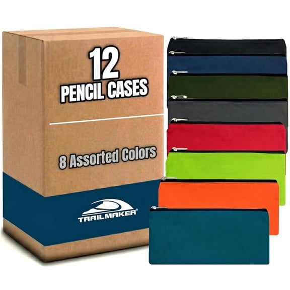 12 Pack of Bulk Wholesale Solid Color Zippered Pencil Cases for Pens, Pencils, Markers, Crayons & Writing Stationary Supplies in 8 Assorted Colors