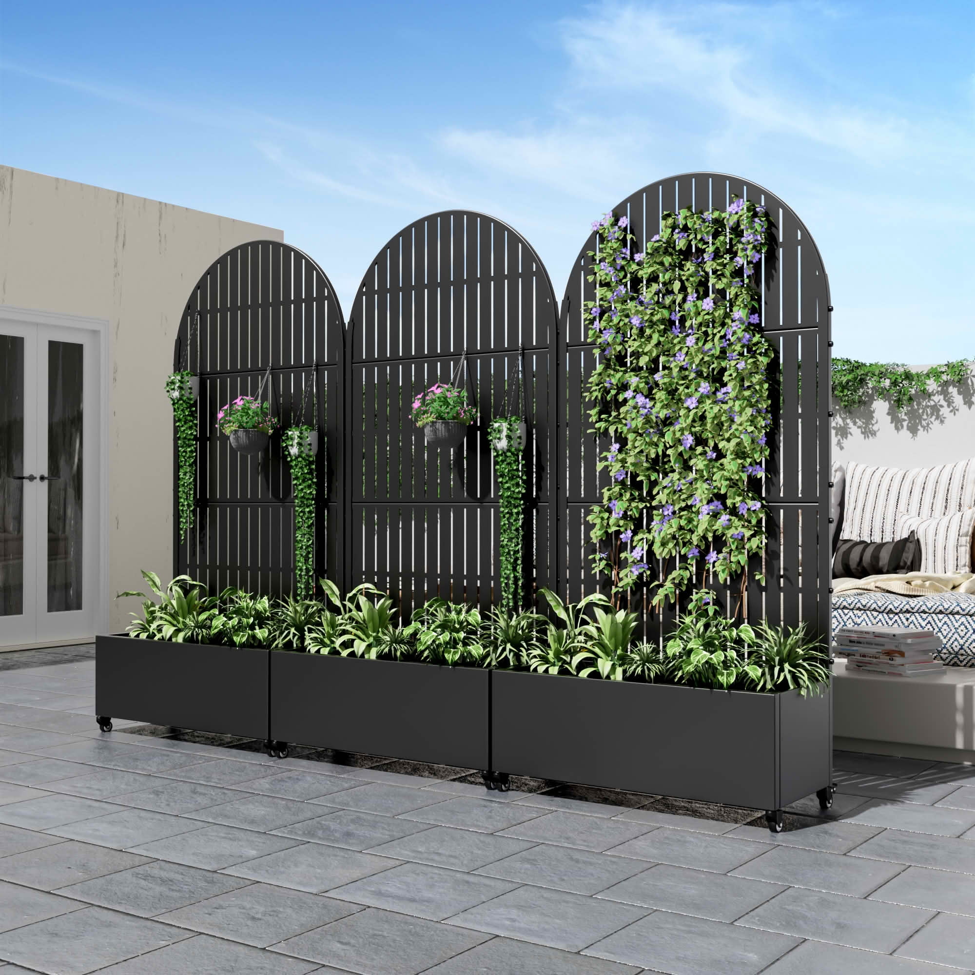 MAYEERTY 72x35 Black Arched Iron Planter Box with Trellis, 3 Piece Set Decorative Garden Screen for Patio and Balcony