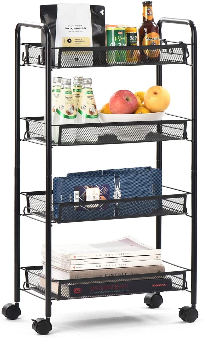 4-Tier Mesh Rolling Storage Kitchen Office Carts Trolley Basket with Hook Black