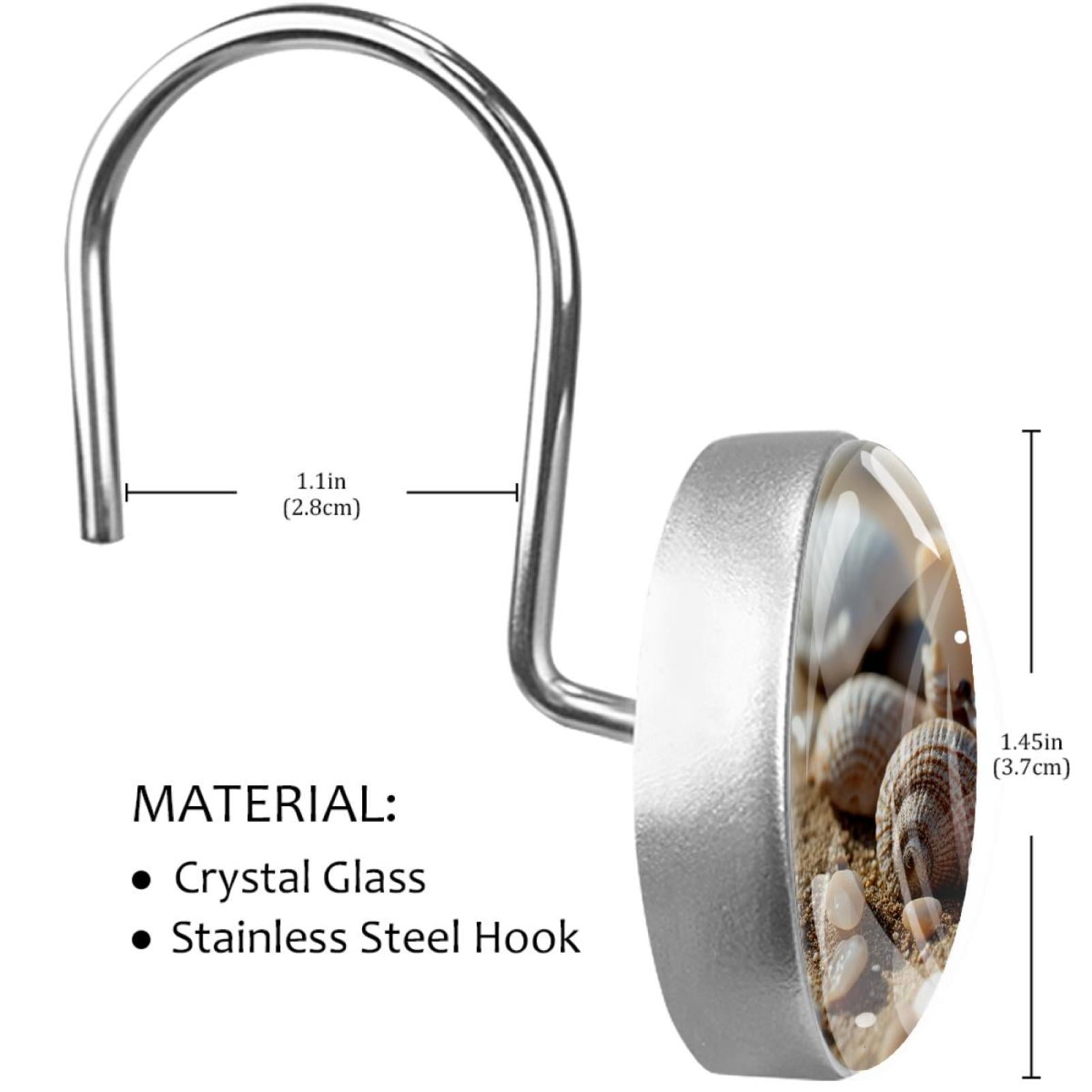 Shells on Beach Sand Shower Curtain Hooks Round Crystal Glass, Set of 12 Shower Curtain Rings - Shower Hooks for Curtain Shower Rings