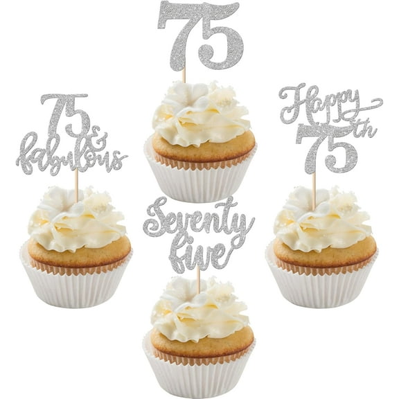 10pcs Happy 75th Birthday Cupcake Toppers Glitter Seventy Five 75 Fabulous Cupcake Food Picks for 75th Birthday Wedding Anniversary Party Cake Decorations Silver