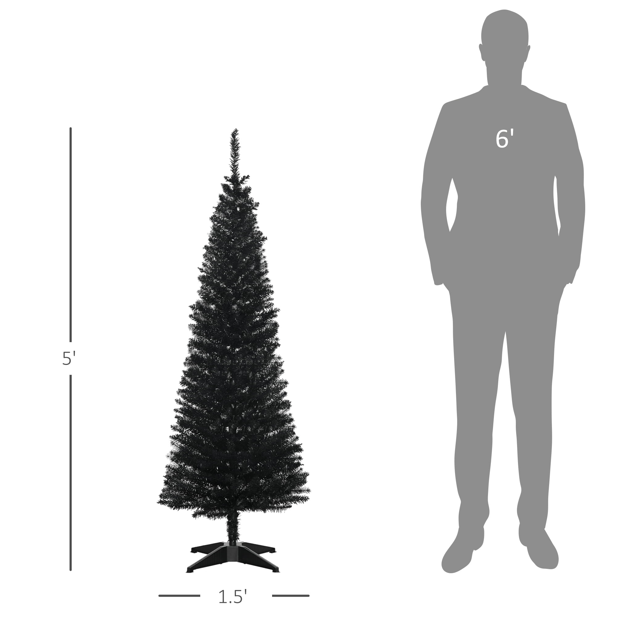 5FT Black Slim Pencil Artificial Christmas Tree, 294 Plastic Branch Tips, Detachable Sturdy Plastic Base, Easy Storage, Indoor Holiday Decor