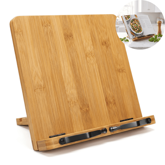 Bamboo Adjustable Book Stand - Foldable Cookbook Holder with Page Clips, 5 Angles for Reading and Recipes, 10kg Capacity