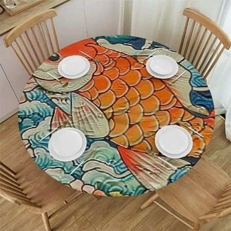 

BANET Chinoiserie Blue Teal Dragon Round Tablecloth Navy Blue Turquoise Orange Cloth Table Cover Outdoor Washable Polyester Table Decor for Kitchen Patio Party Banquet 31 -35
