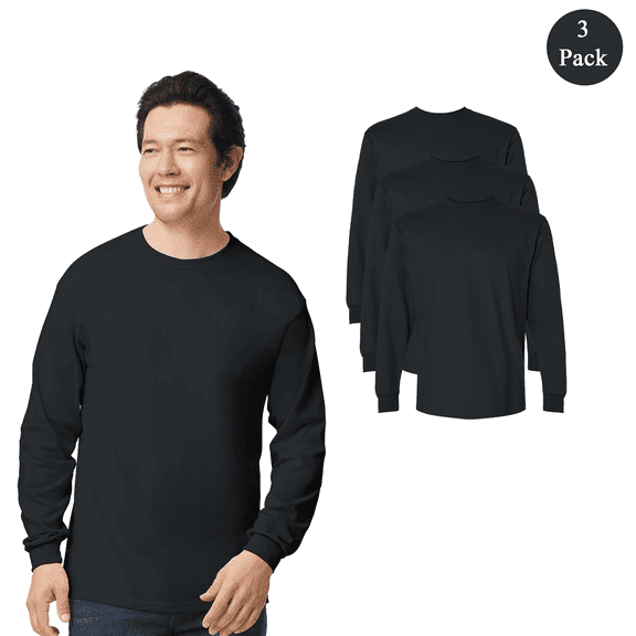 Gildan Adult’s Ultra Cotton Long Sleeve T-Shirt, Everyday Lightweight Ribbed Collar Black Tee, 3 Pack, S