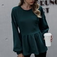 thumbnail image 3 of Blusa de otoño para mujer, manga larga, cuello redondo, dobladillo con volantes, color puro, hombros caídos, 3 of 6