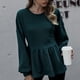 thumbnail image 3 of Blusa de otoño para mujer, manga larga, cuello redondo, dobladillo con volantes, color puro, hombros caídos, color verde, L, 3 of 6