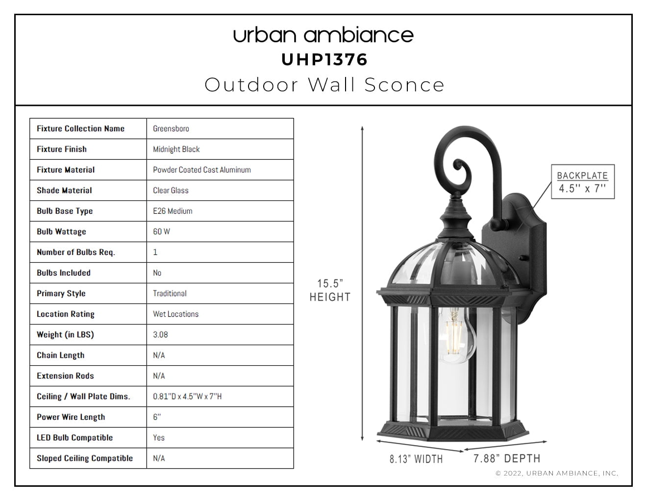 Luxury Transitional Wall Sconce, 15.5H x 8.125W, with Traditional Style, Midnight Black, UHP1376 by Urban Ambiance