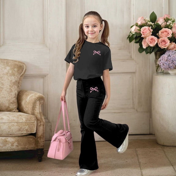 ZHOGXU Big Kids Girls Outfit Bow Printed Short Sleeve Round Neck Top And Flare Leg Pants Two Piece Comfortable Fashion Sets For Daily Wear Black 9-10 Years