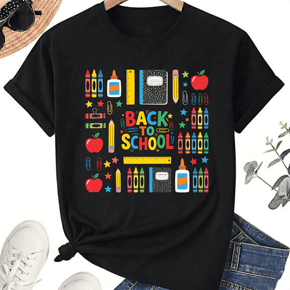 Back to School Supplies Graphic T-Shirt for Teachers, 100% Cotton Unisex Short Sleeve