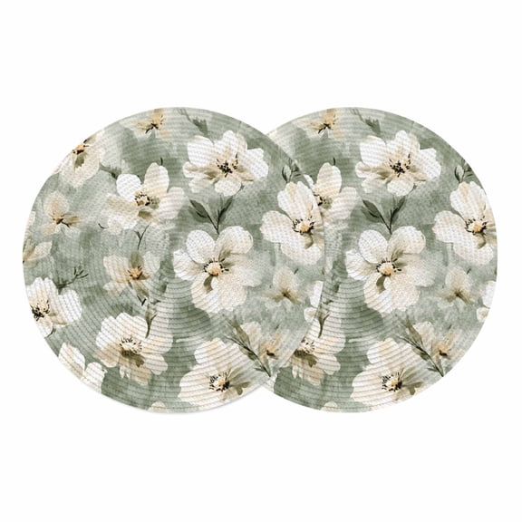 Sage Green Spring Floral Round 13 Inch Placemats Set of 2, Summer Botanical Flowers HeatResistant Non Slip Place Mats for Dining Table, Wipeable Braided Kitchen Table Mats for Housewarming