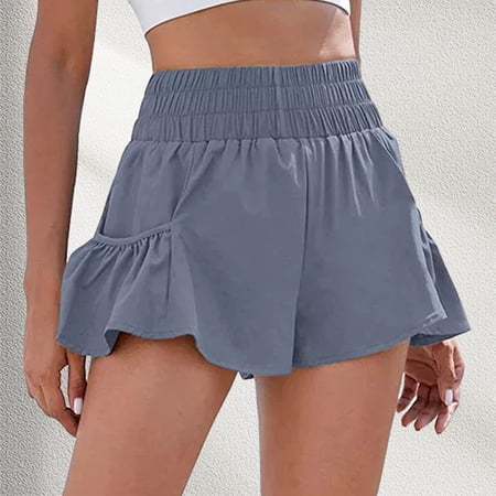Conairie Women's Elastic Waist Running Shorts with Pockets Solid Color Gym Fitness Shorts with Pockets Light Blue M