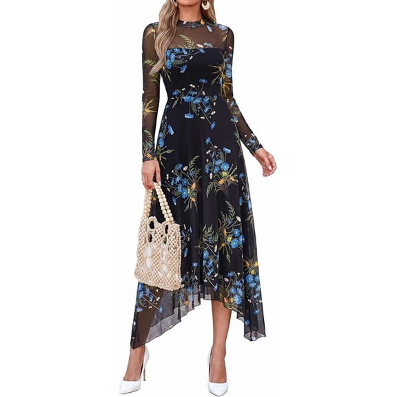 PRETTYGARDEN Women's Floral Mesh Midi Dress,Fall Wedding Guest Dresses, Sheer Long Sleeve, Mock Neck, A-line, Fit & Flare, Cocktail Holiday Party, Date Night Outfits