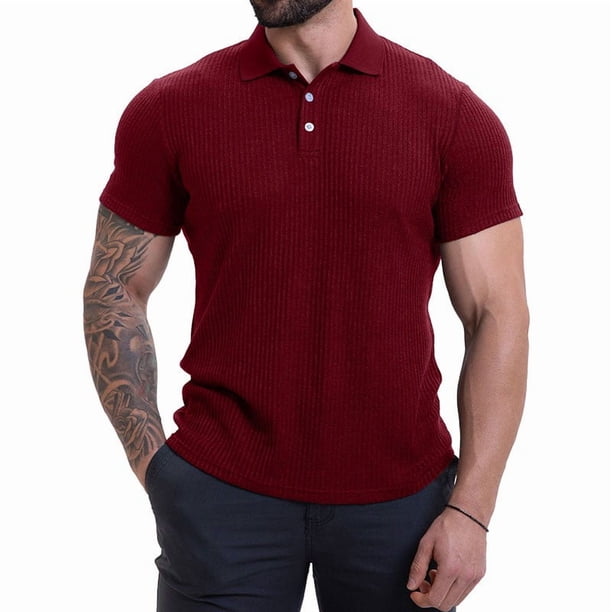 Blusa y camisa de manga corta con cuello vuelto para hombre, informal, de color liso, con botones, de manga corta y cuello vuelto, de poliéster.