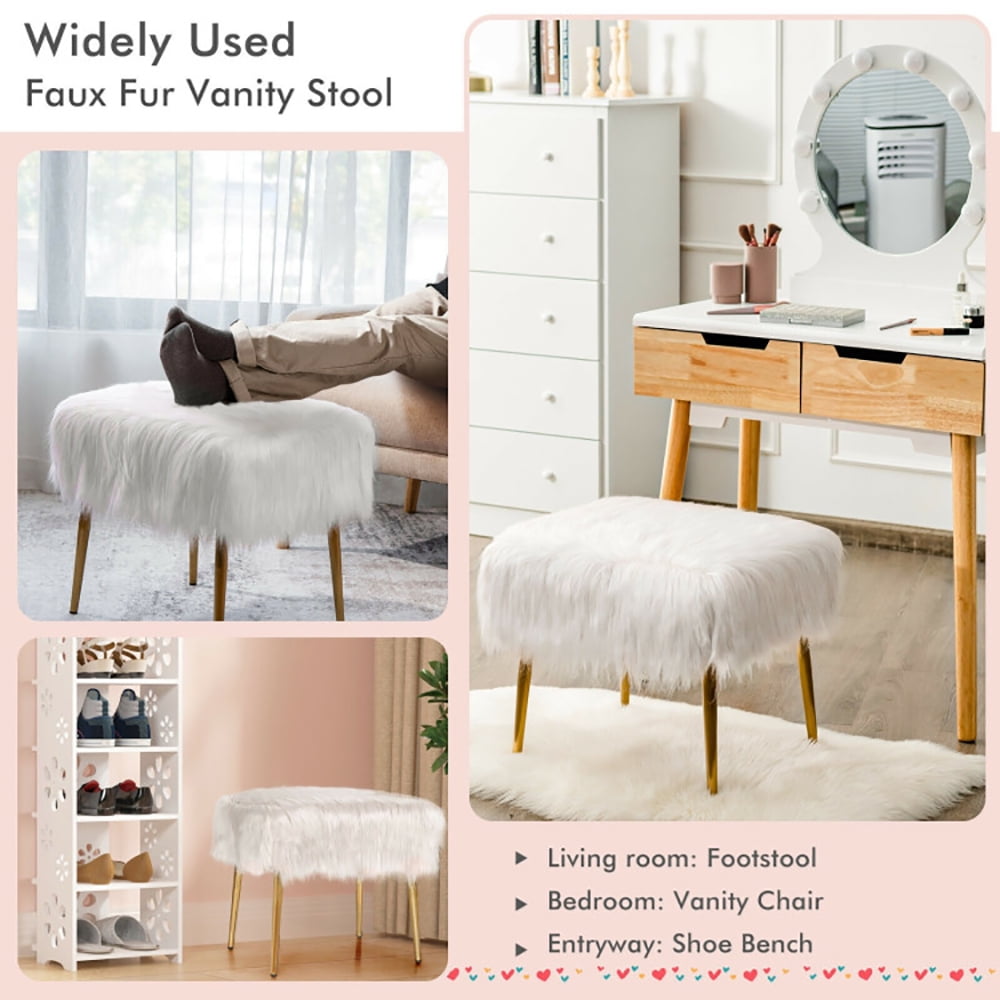 Finihen Faux Fur Vanity Stool Chair, Footstool Ottoman, Vanity Stool with Golden Metal Legs, Makeup Stool, Decorative Furniture Footrest, for Makeup Room, Living Room, Bedroom, White