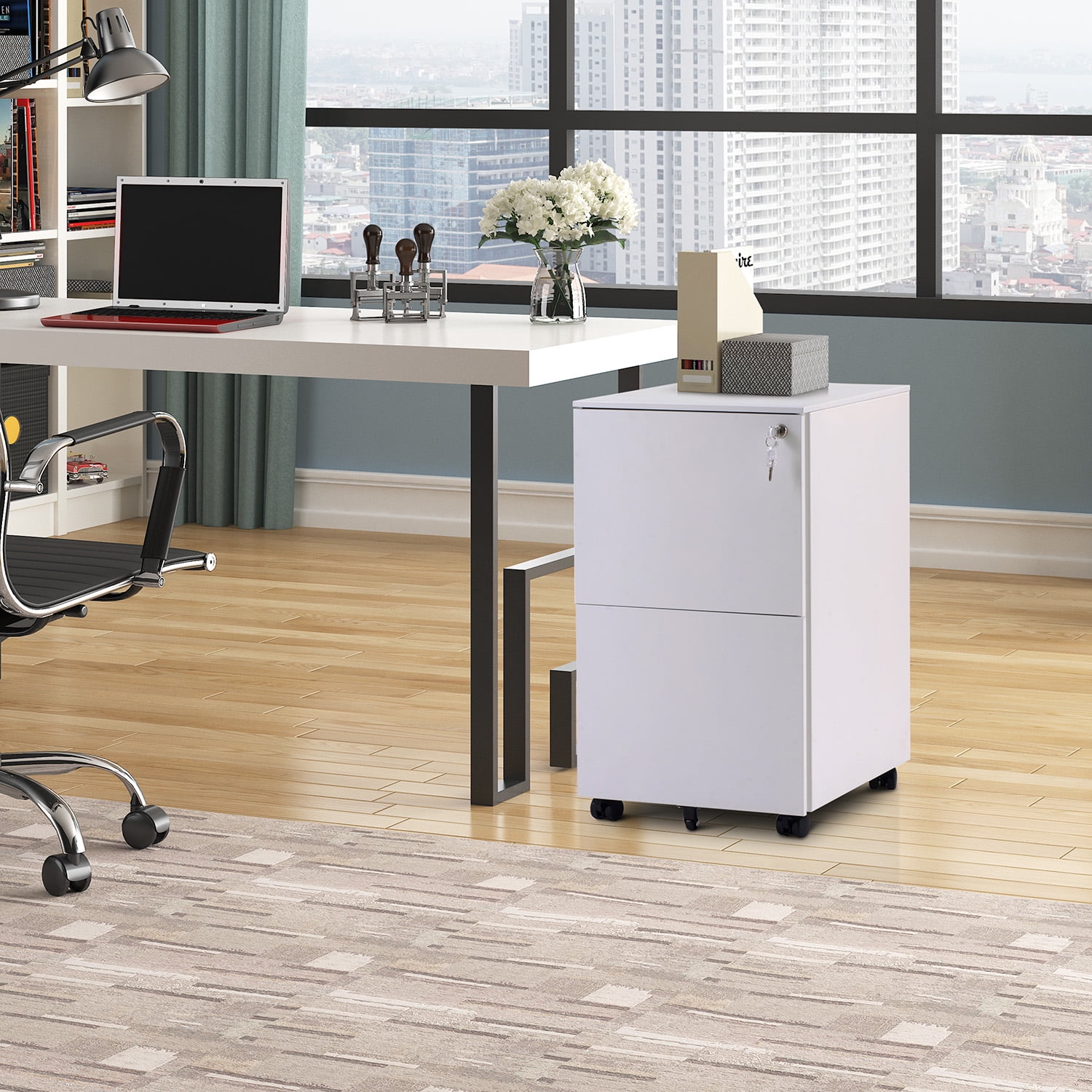Kepooman 2-Drawer Mobile Steel File Cabinet with Lock for Legal/Letter Size, 15"L x 19.6"W x 24.4"H, White
