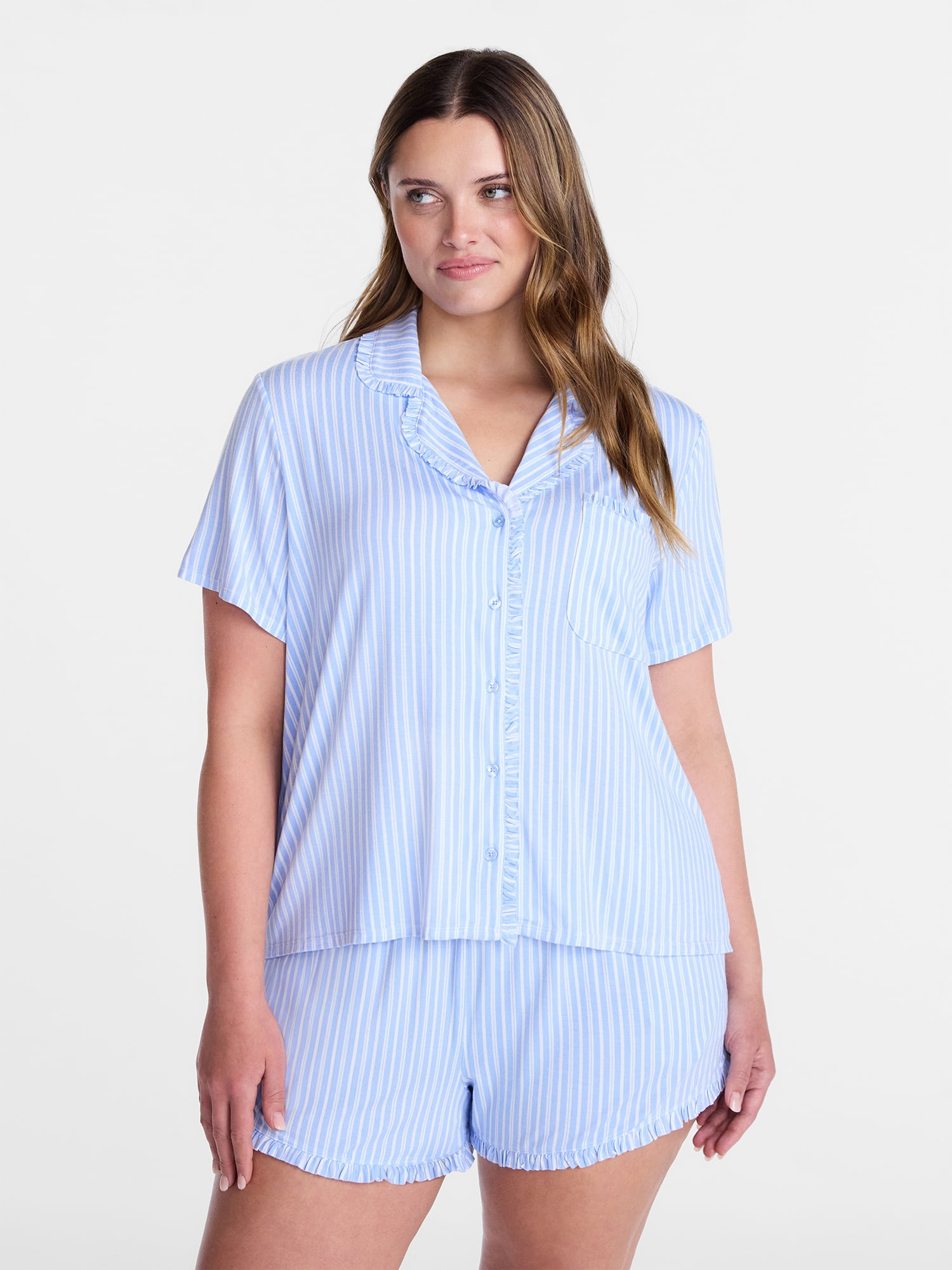 Joyspun Women’s Modal-Blend Ruffle Trim Notch Collar Top and Shorts Pajama Set, 2 Piece, Sizes XS-3X