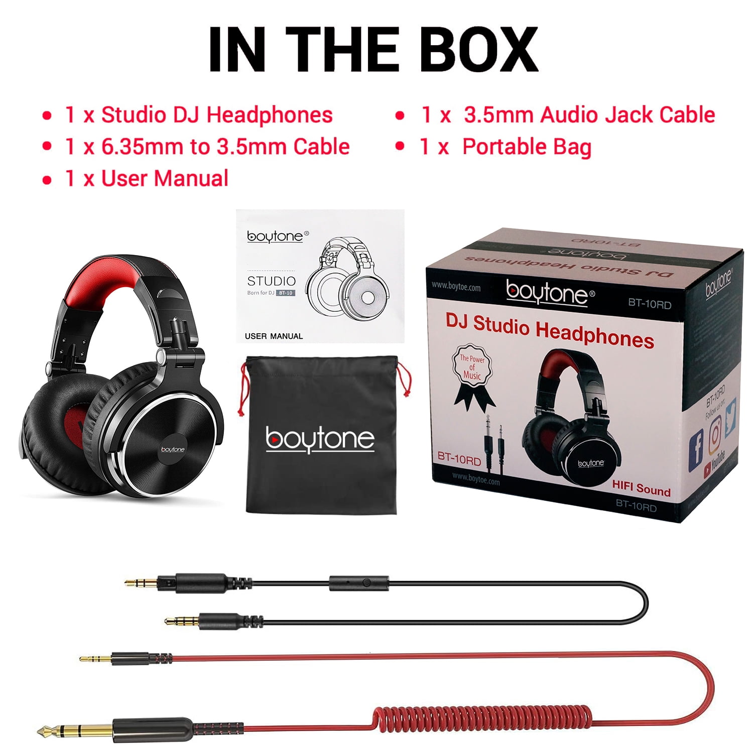 Boytone BT-10RD Wired Over Ear Headphones Studio Monitor & Mixing DJ Stereo Headsets with 50mm Drivers and 1/4 to 3.5mm Audio Jack for Audio Mixer Computer, Phone, Guitar, Laptop, Amplifire, TV
