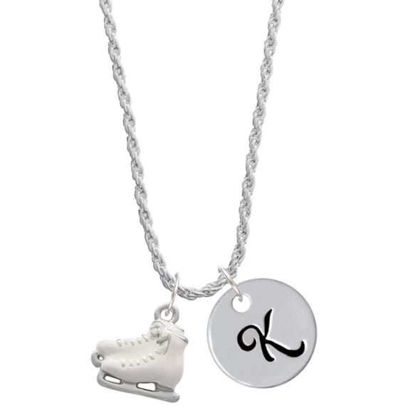 Delight Jewelry Silvertone White Ice Skates Silvertone Script Initial Disc - K - Charm Necklace, 20"+3"