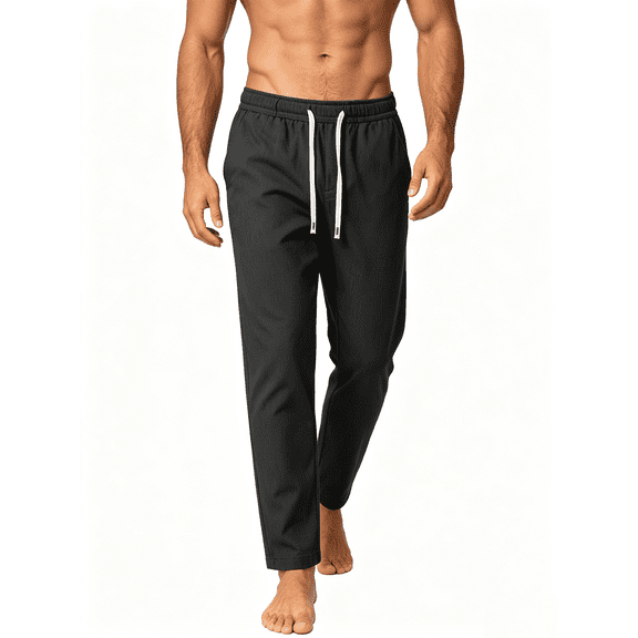 Atkumj Mens Casual Pants with Side Pockets Fashion Elasticated Waist Drawstring Trousers Casual Versatile Solid Color Straight Leg Mens Sweatpants for Daily Wear M