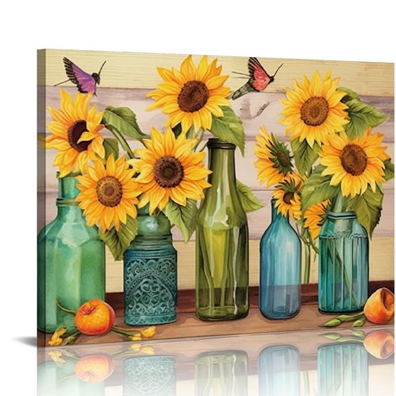JRXY Sunflower Bathroom Wall Art Sunflower Hummingbird Pictures Wall Decor Canvas Prints Farmhouse Kitchen Decorations Artwork Painting For Living Room Bedroom Office Framed picture1