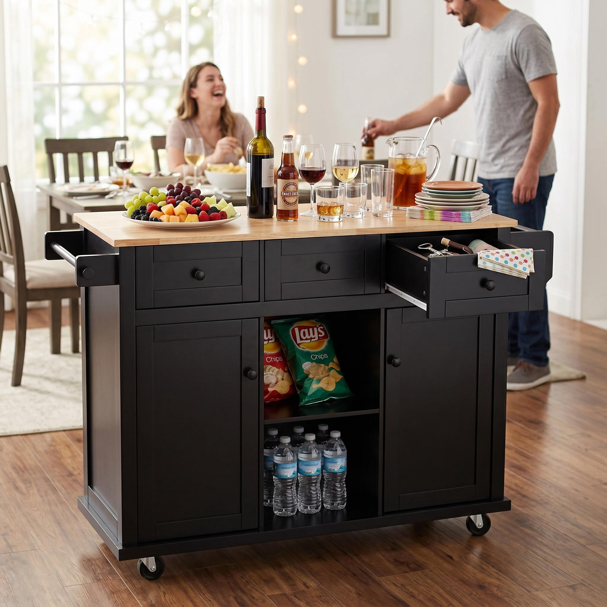 Homy Casa Drop-Leaf Kitchen Island with Storage, Wheels, Adjustable Shelves & Spice Rack, Black