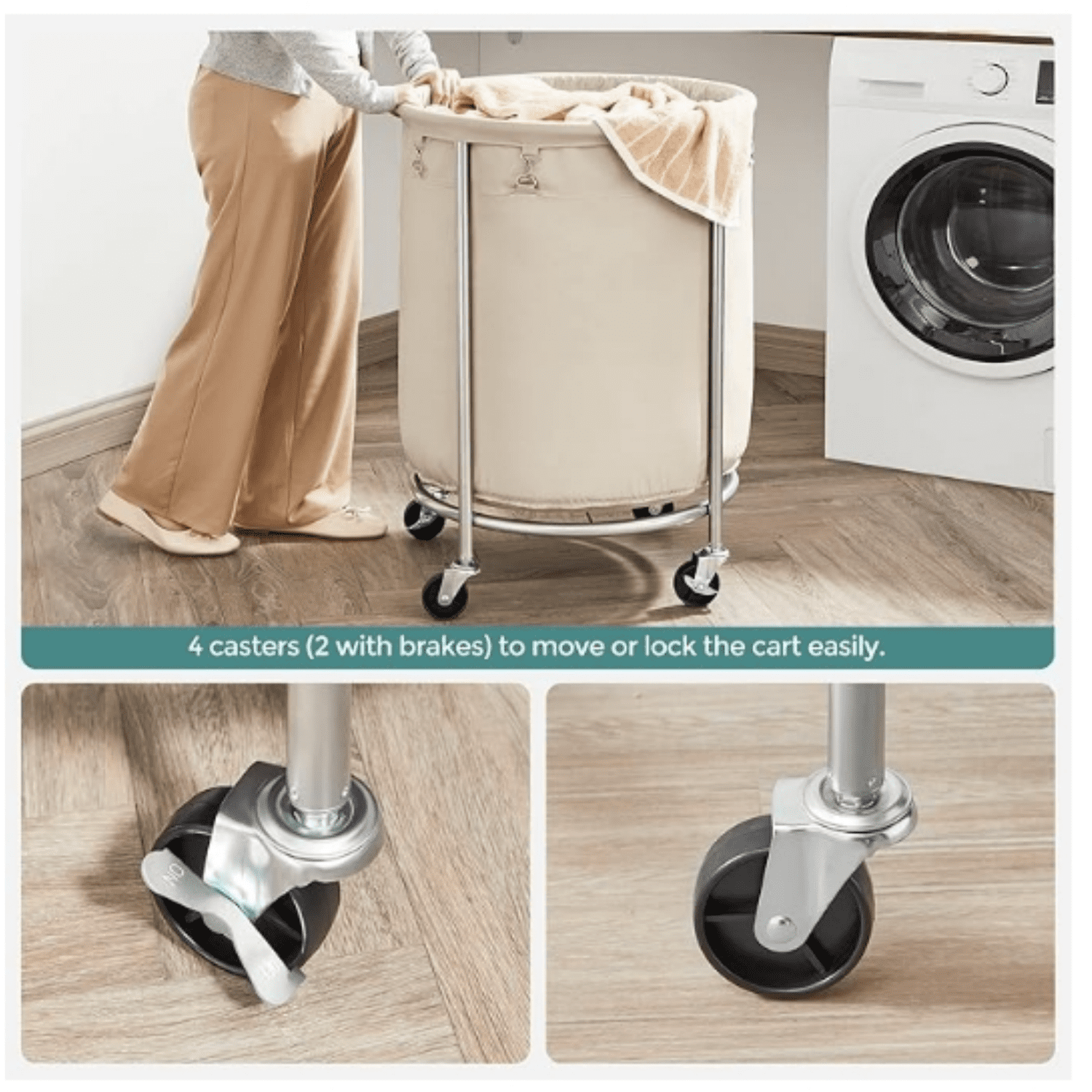 Laundry Basket with Wheels, Rolling Laundry Hamper, 45 Gal., Roun Laundry Cart with Steel Frame an e vable Bag, 4 Casters an 2 Brakes, Cream an Silver URLS01MZ