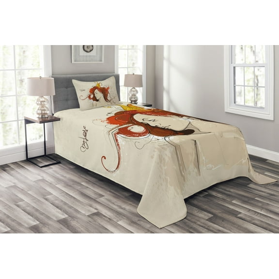 Ambesonne Modern Quilted Bedspread Set 2 Pcs, Muse Woman Grungy Mystic, Twin Size, Beige Dark Orange
