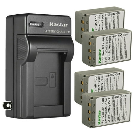 Image of Kastar 4-Pack Battery and AC Wall Charger Replacement for Casio NP-100 CNP100 NP-100L NP-100DBA Battery Casio BC-100L Charger Casio Exilim Pro EX-F1 EXF1 Casio Exilim Pro EX-F1BK EXF1BK Cameras