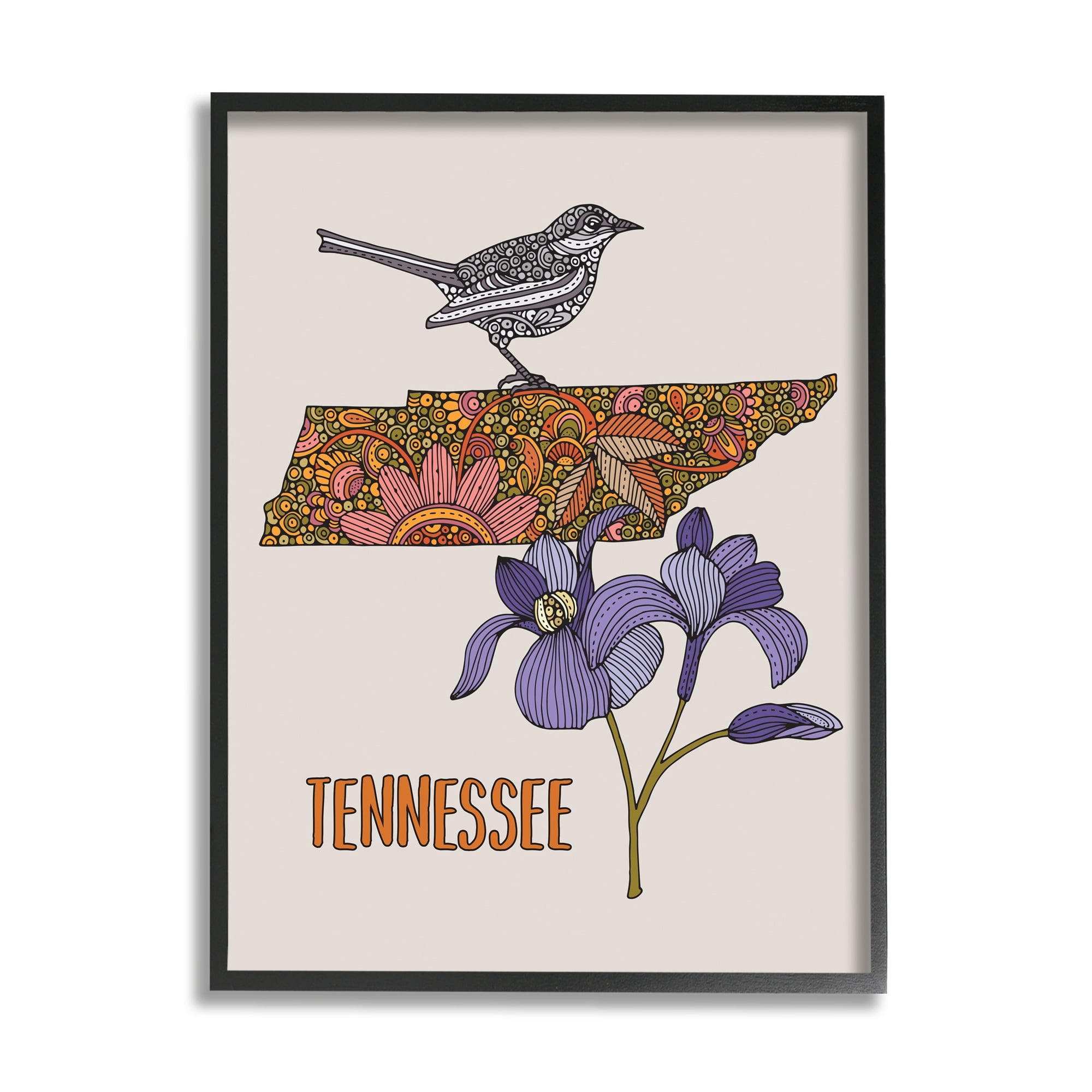 Stupell Industries Intricate Tennessee State Iris Floral Pattern Bird Graphic Art Black Framed Art Print Wall Art, Design by Valentina Harper
