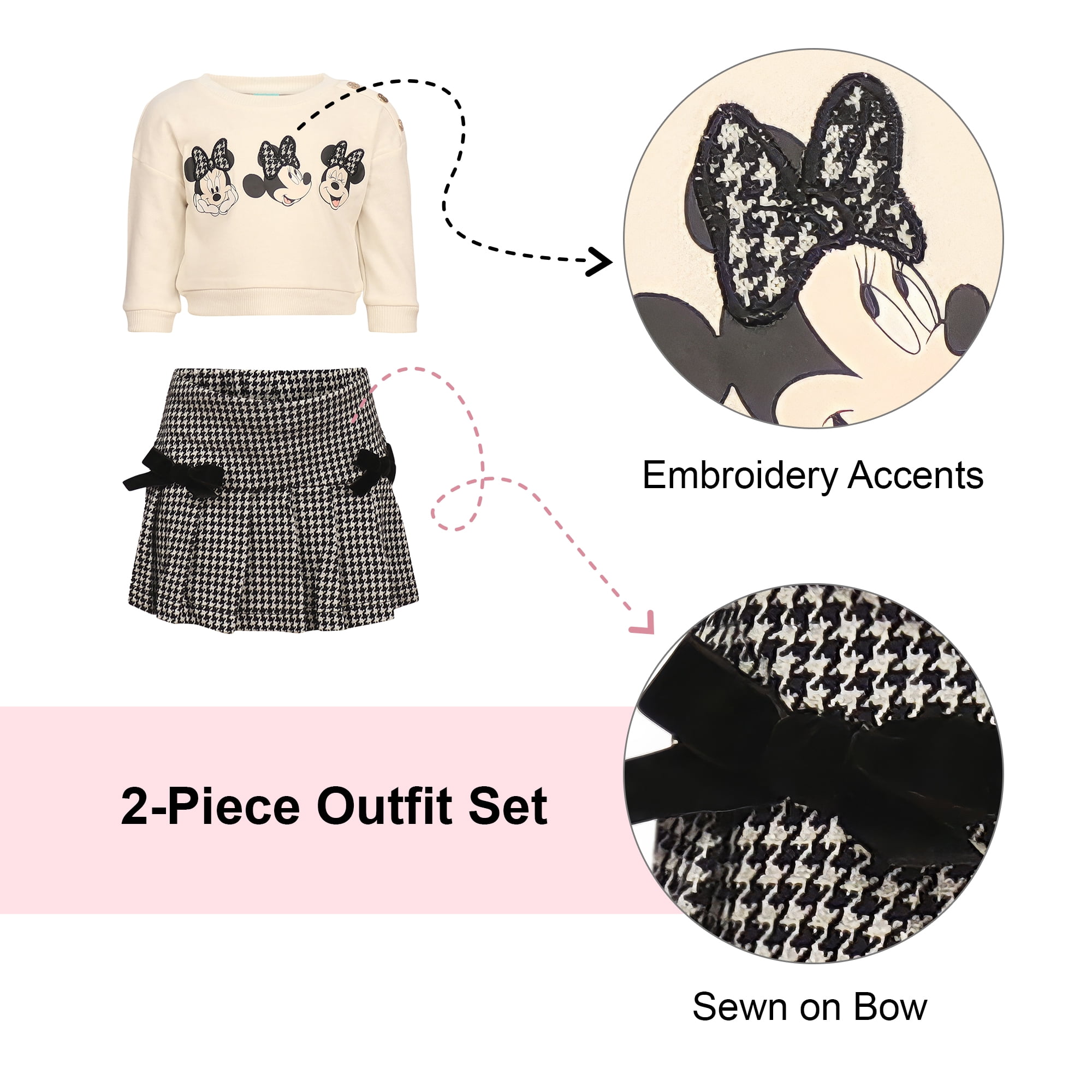 Disney Clothes Minnie Mouse Baby Girls 2-Piece Skirt Set – Long Sleeve Top & Plaid Skirt Outfit Set (12M–24M)