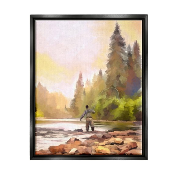 Stupell Industries Fly Fishing at Lake Nature Painting Black Floater Framed Art Print Wall Art, 17 x 21