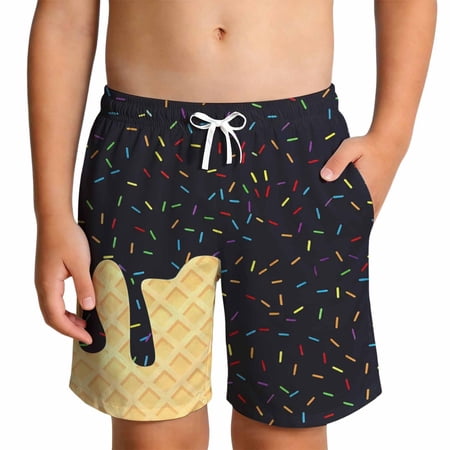 LIIPEE Boys Swim Trunks Kids Summer Fashion Ice Cream Print Drawstring Waist Beach Shorts With Pockets Cute Breathable Comfortable Casual Swimwear 11-12 Years
