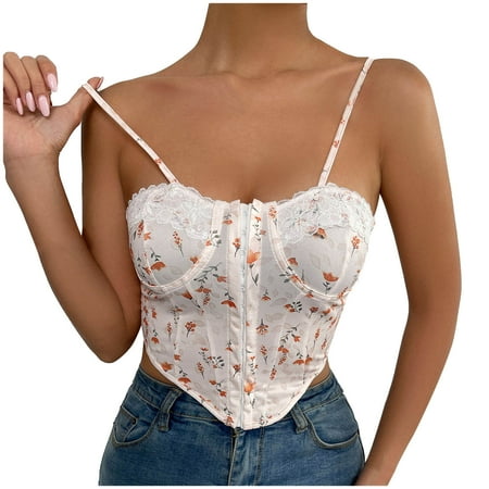 

YYDGH Bustier Tops for Women Floral Print Corset Top Spaghetti Strap Open Back Boned Corset White M