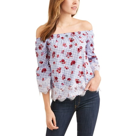 Lace Shoulder Button - Women's Off the Shoulder Eyelash Lace Trim Top