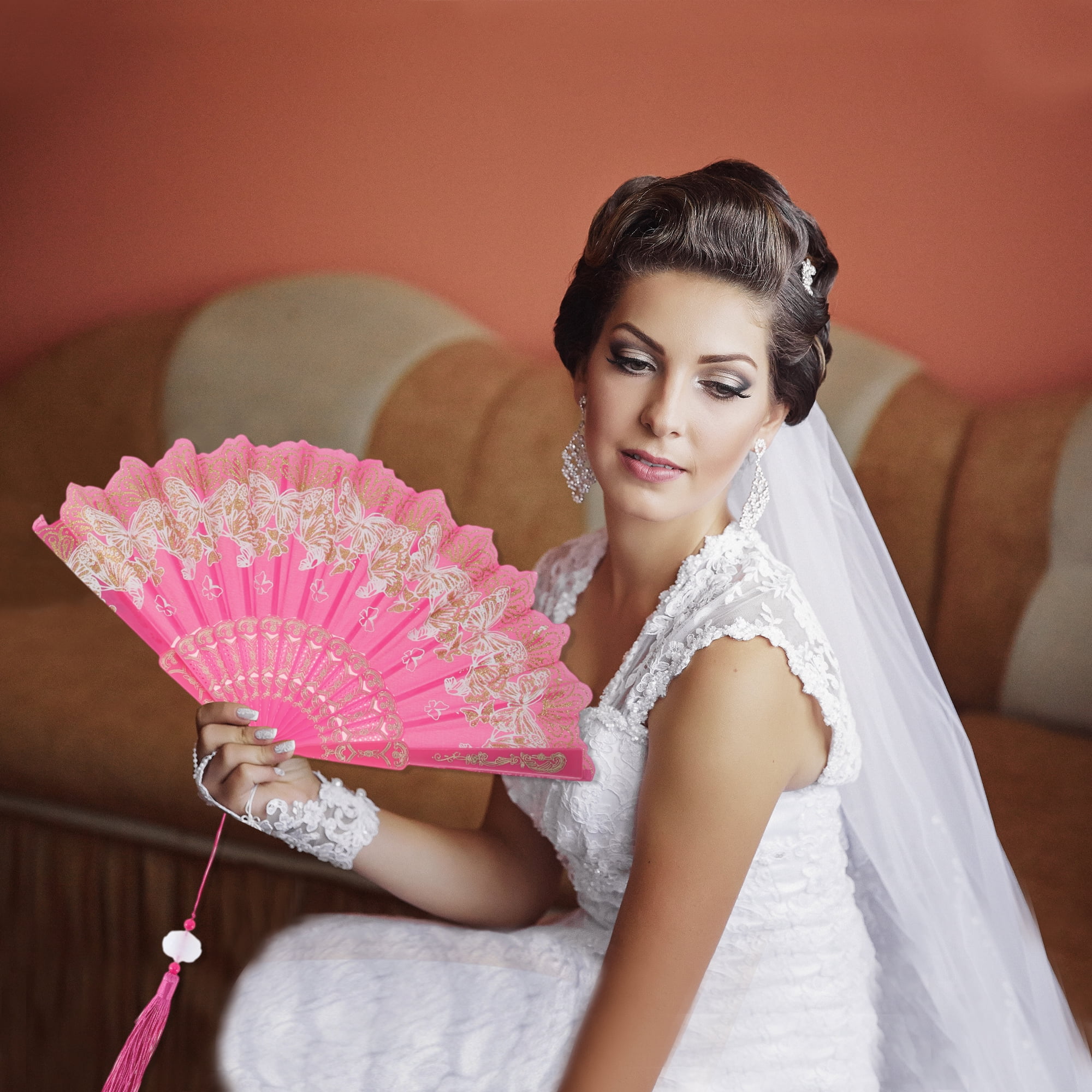 Unique Bargains Elegant Butterfly With Tassel Folding Fan 1PC Rose Red
