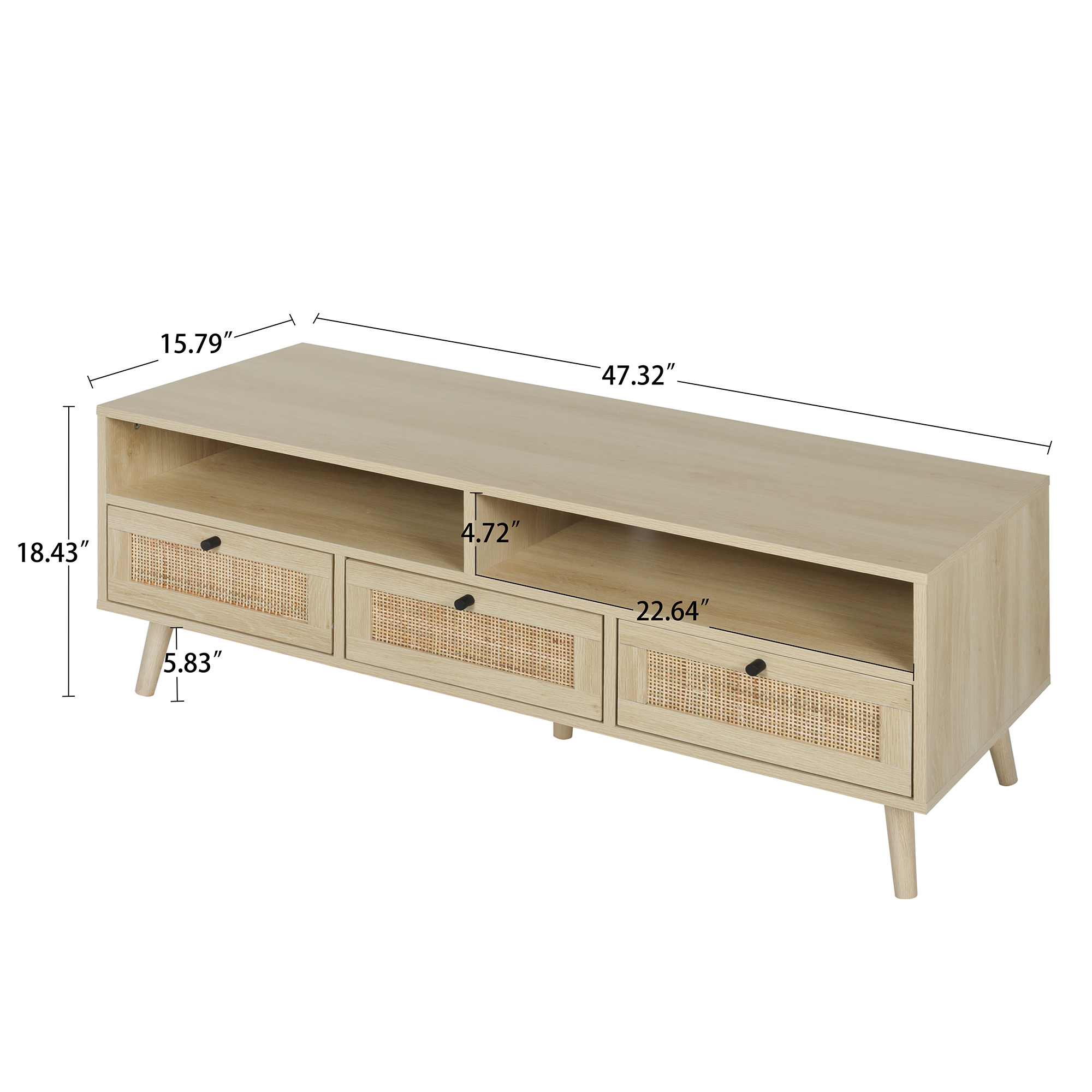 Hommoo Rattan TV Stand with Solid Wood Feet, TV Storage Shelf Cabinet, Modern TV Console Table for Home and Office, Natural
