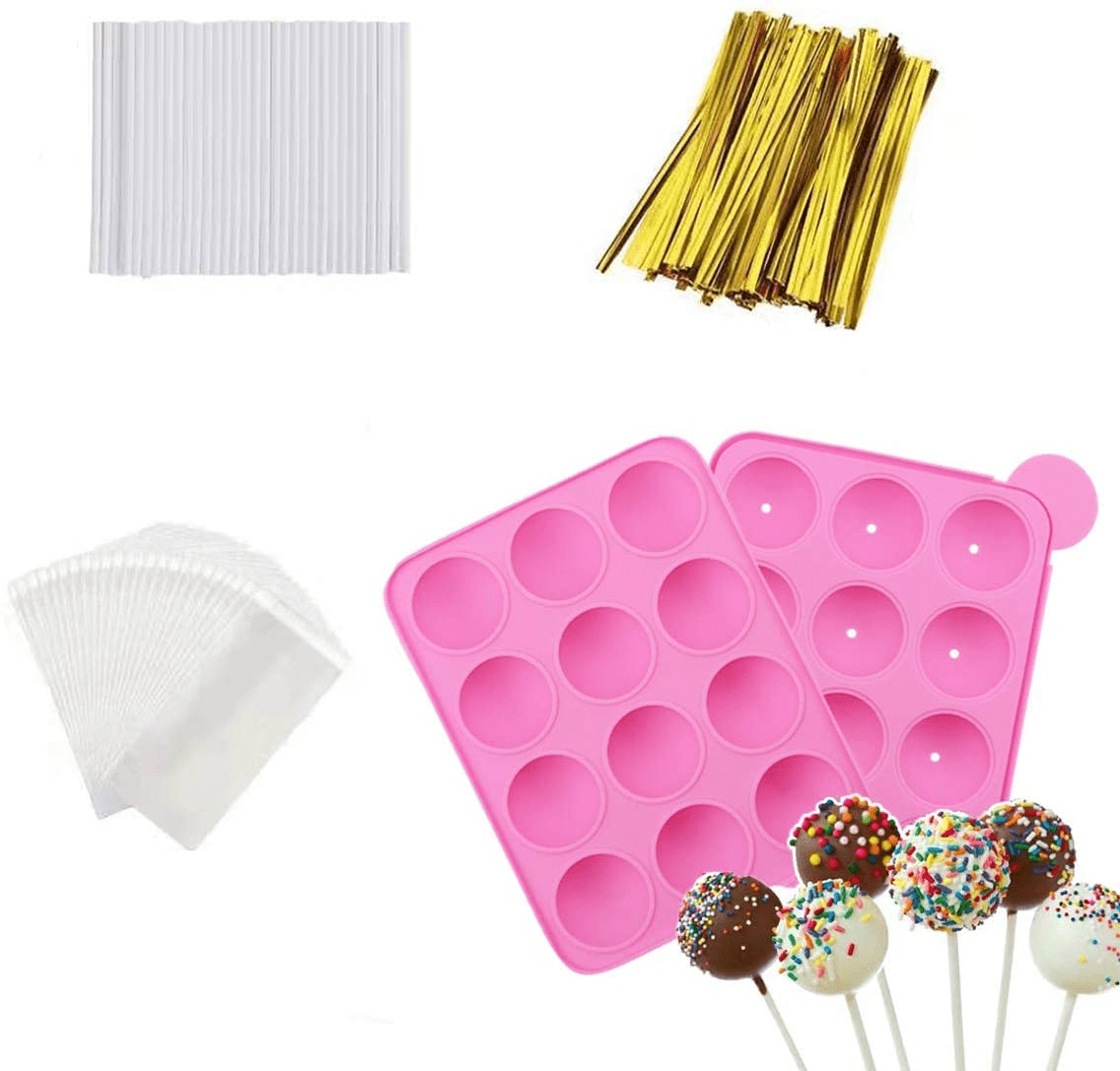 Hycsc 12 Capacity Silicone Lollipop Molds,Chocolate Hard Candy Mold with 50pcs 4 inch Lollypop Sucker Sticks,Candy Treat Bags,Gold Ties. (Round), Size
