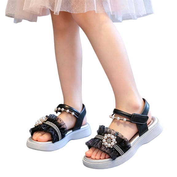 Oiyii Girls Beach Sandals Open Toe Princess Flats Pearl Rhinestone Strappy Summer Shoes