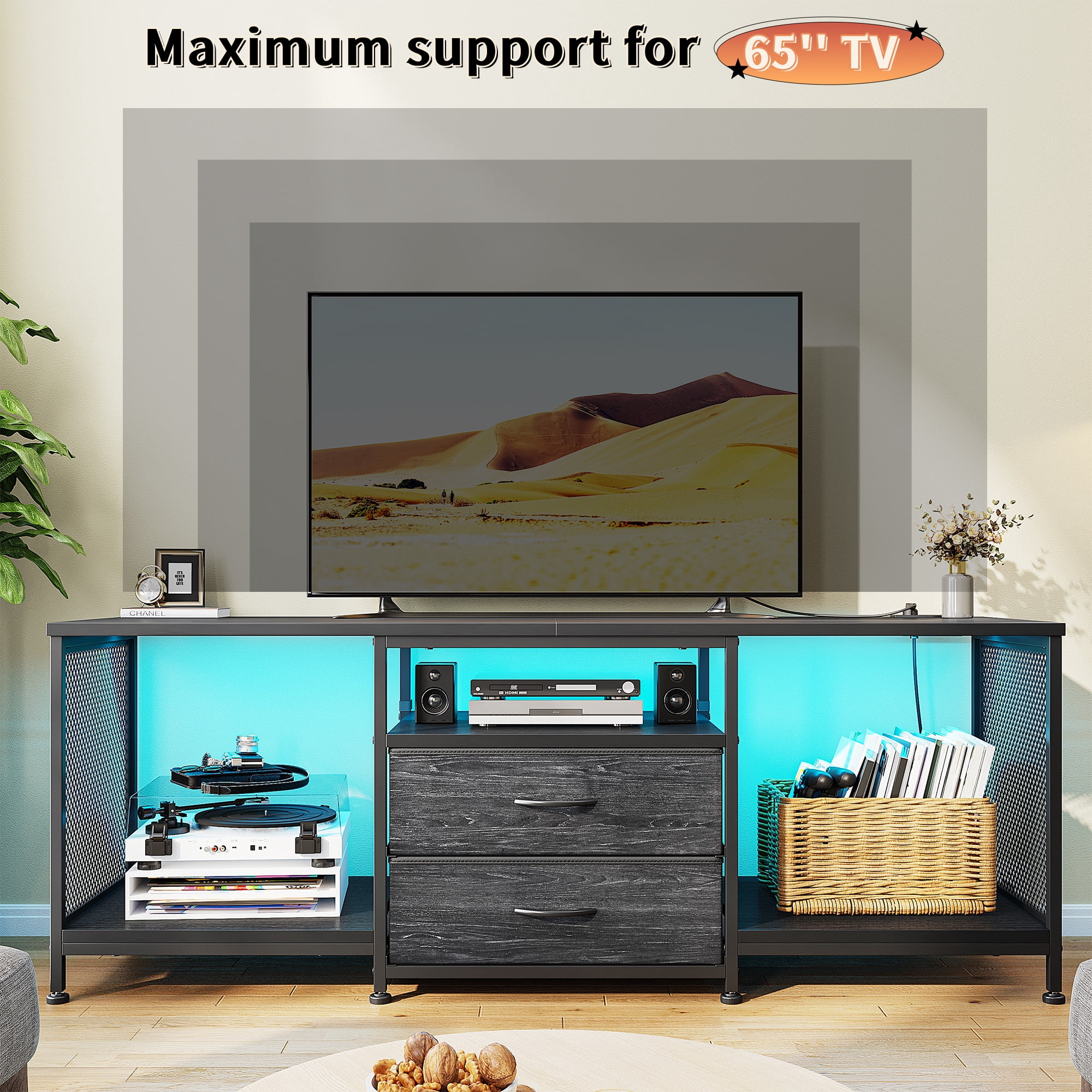 Dresser with Power Outlets & LED Lights Dresser for Bedroom with 2 Drawers TV Stand with Open Storage Shelves,Black