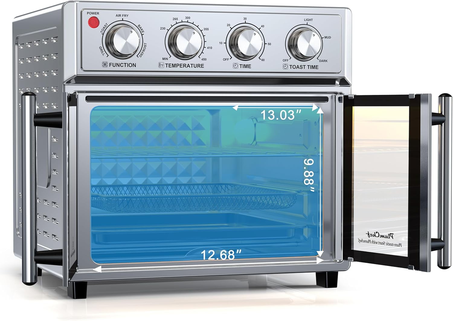 PlumChef 26QT Large capacity French Double-Door Air Fryer Convection Toaster Oven, 1700W,7 Preset Menus,7-in-1 Multi-Function for Bake, Roast, Grill, Toast, Dehydrate Defrost, Stainless Steel