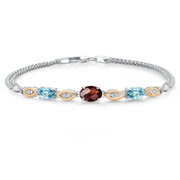 925 Silver and 10K Yellow Gold Red Garnet and Blue Zircon and White Lab Grown Diamond Bracelet for Women (2.36 Cttw, Gemstone January Birthstone, Oval Checkerboard, Wheat Chain, 6.5 inches)