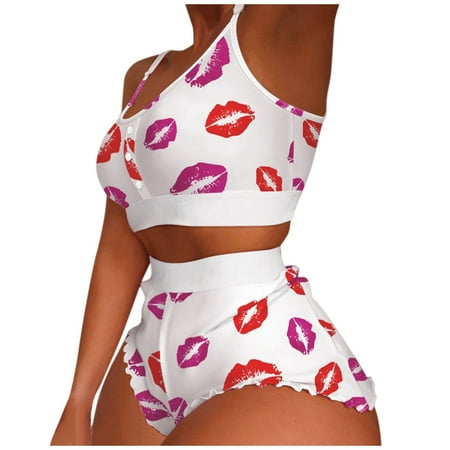 

Hqlecpe Women Casual 2 Piece Outfit Printing Pajamas Sleeveless Cami Shorts Lingerie Sleepwear Set