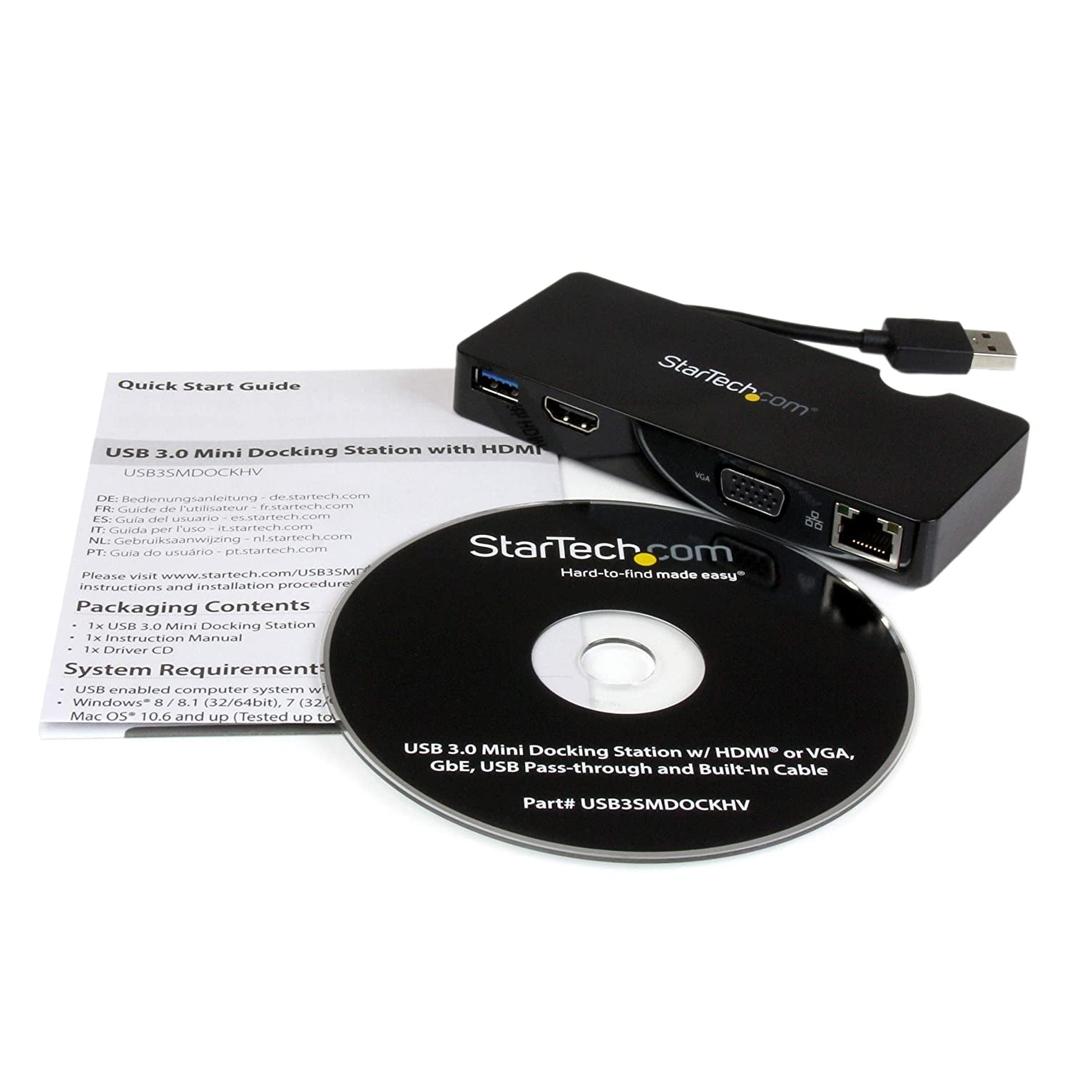 StarTech.com USB 3.0 to HDMI or VGA Adapter Dock - USB 3.0 Mini Docking Station w/USB, GbE Ports - Portable Universal Laptop Travel Hub (USB3SMDOCKHV), Black